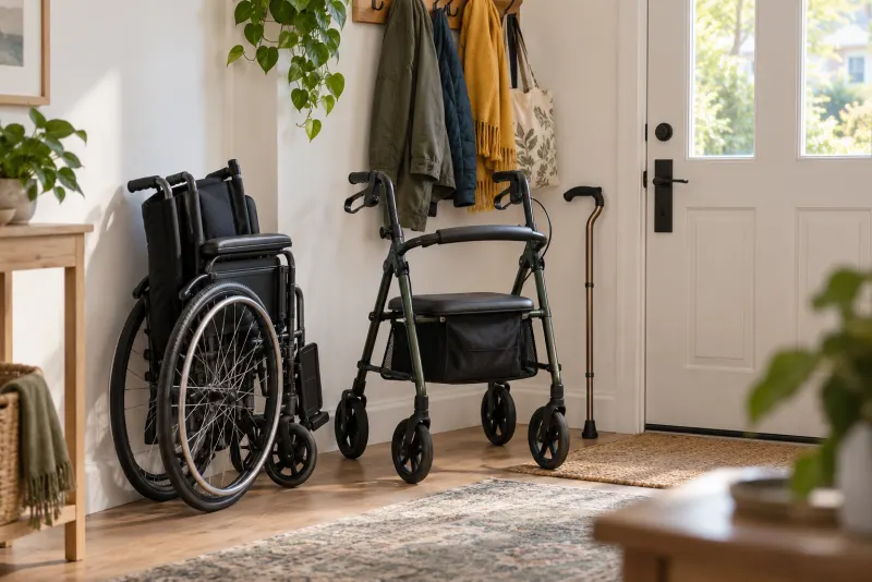 Folded wheelchair, rollator and cane by a front door
