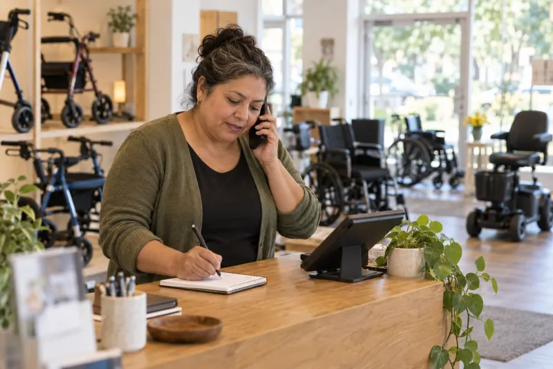 Mobility-equipment shop owner on the phone at the counter