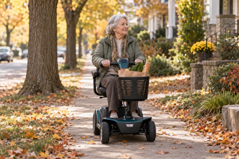 Woman riding a mobility scooter along a neighborhood sidewalk