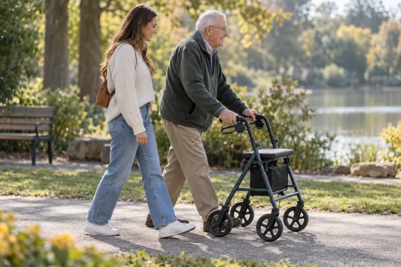 Older man walking with a rollator in a park