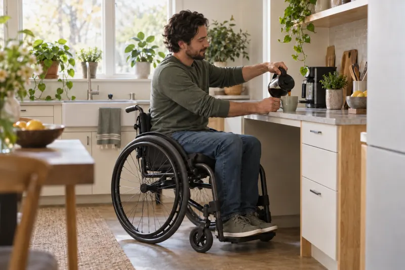 Man in a manual wheelchair making coffee in his kitchen
