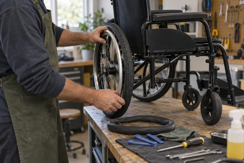 Technician's hands repairing a wheelchair wheel in a workshop