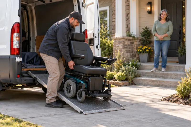 Technician delivering a power wheelchair to a home